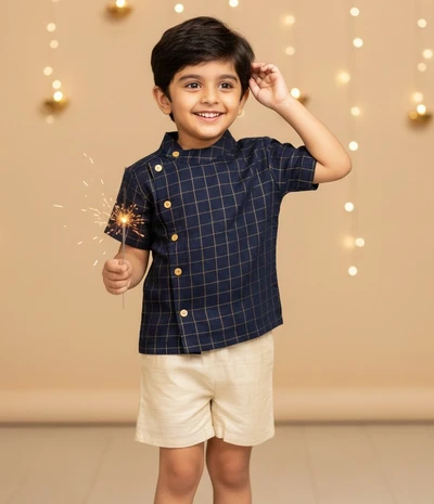 Navy Zari Checks Side Placket Shirt And Shorts