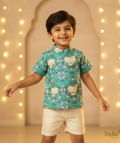 Teal Pichwai Side Placket Shirt And Shorts