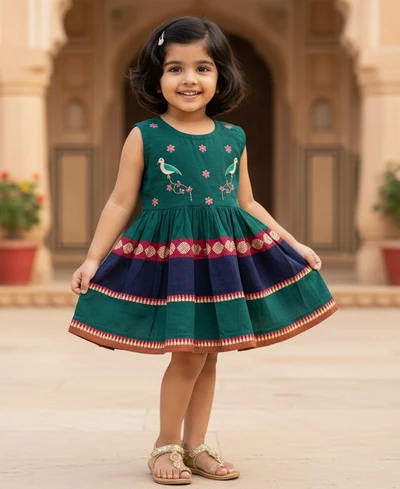 Pink Floral Bird Emberoided Multi Green Sleeveless Tie-Up Frock