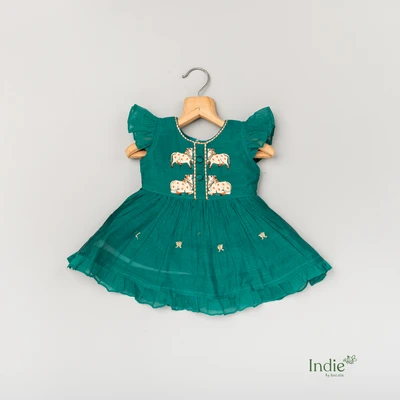 Off-White Cows Embroidered Peacock Green Frill Sleeve Tie-Up Frock