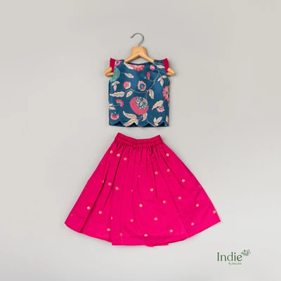 Blue And Pink Raw Silk Scalloped Top And Skirt