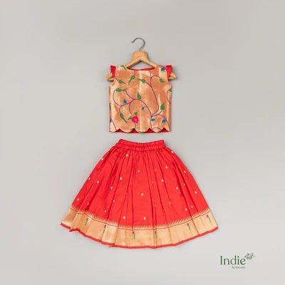 Red Paithani Scalloped Top And Skirt