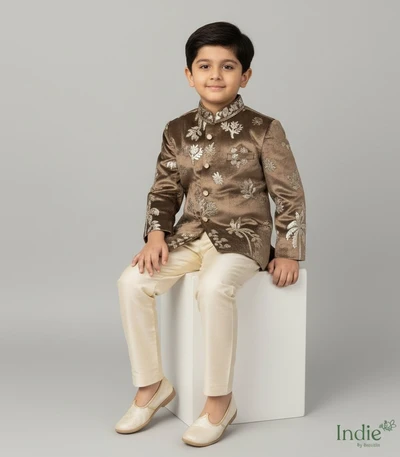 Golden Coco Tree Embroidered With Brown Kurta And White Pant