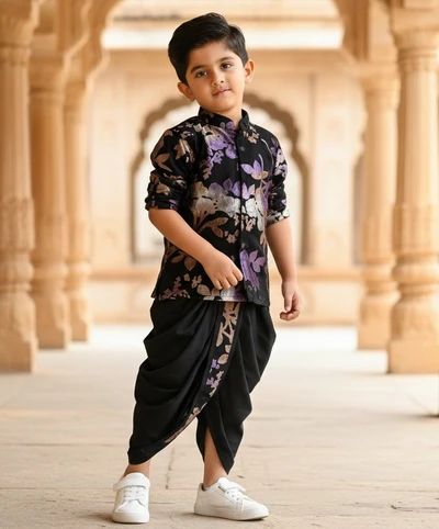Purple Floral Black Velvet Kurta And Dhoti