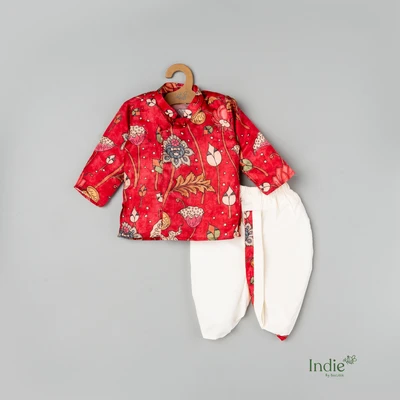 Floral Printed Red Kurta With Dhoti