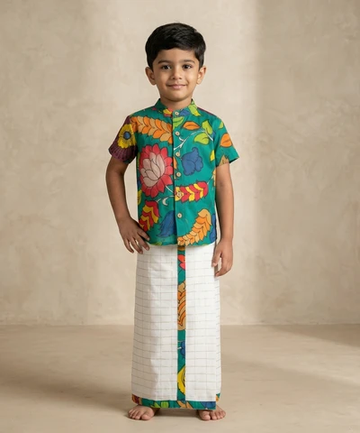 Green Flora Kalamkari Shirt With Checked Dhoti Set