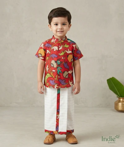 Red Swirl Kalamkari Shirt With Checked Dhoti Set