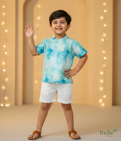 Blue Tie And Dye Side Placket Shirt With White Shorts