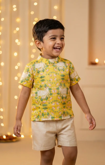 Yellow Pichwai Side Placket Shirt With Sandal Shorts