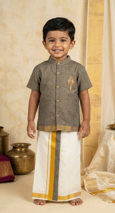 Brown Cotton Border With Vel Aari Shirt Paired With Dhoti