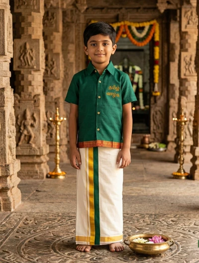 Green Cotton Border With Embroidered Work Paired With Dhoti