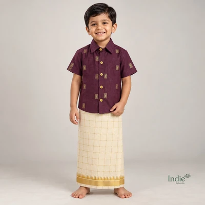 Dark Berry Block Print Shirt Paired with Gold Border Dhoti