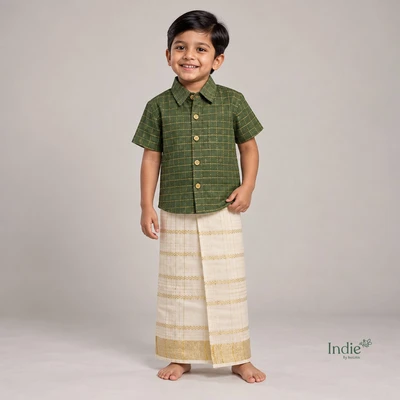 Dark Green Checkered Shirt Paired with Gold Border Dhoti