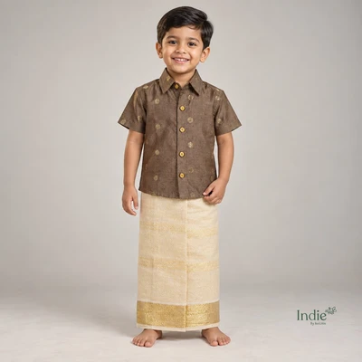 Brown Shirt with Gold Polka Motifs Paired with Gold Border Dhoti
