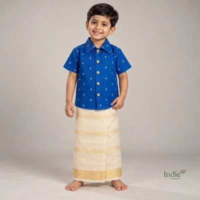 Royal Blue Shirt with Dainty Floral Motifs Paired with Gold Border Dhoti