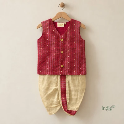Rani Pink Tissue Stripes V-Neck Jabla And Panjakajam