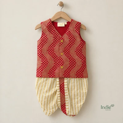Red And Gold Banarasi V-Neck Jabla And Panjakajam