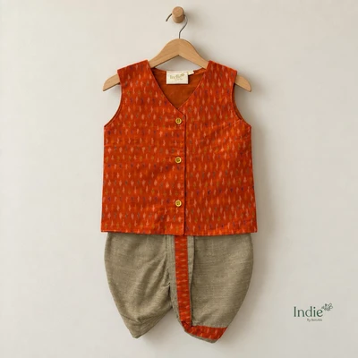 Rust Orange Silk Ikkat V-Neck Jabla And Panjakajam