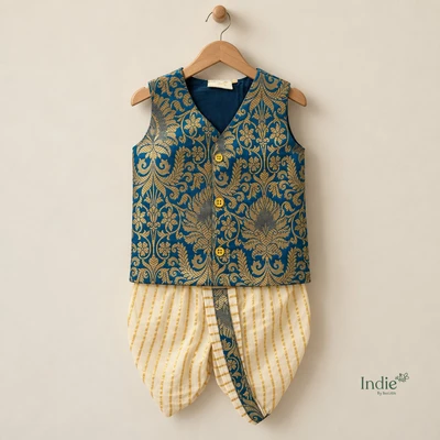 Peacock Blue Banarasi V-Neck Jabla And Panjakajam
