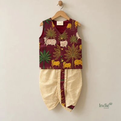 Burgundy Pichwai V-Neck Jabla And Panjakajam