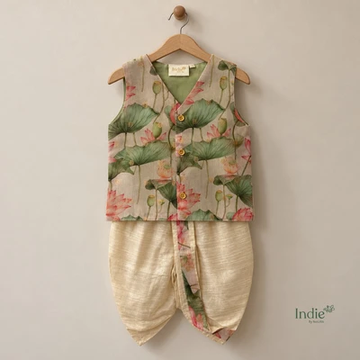 Pink Lotus With Tissue Golden Buttas V-Neck Jabla And Panjakajam