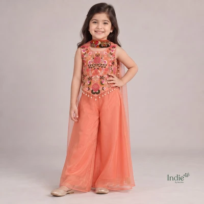 Coral Embroidered Peplum Top & Palazzo Set