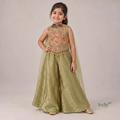 Olive Green Embroidered Peplum Top & Palazzo Set