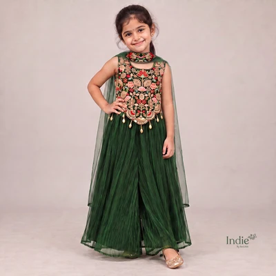 Bottle Green Embroidered Peplum Top & Palazzo Set