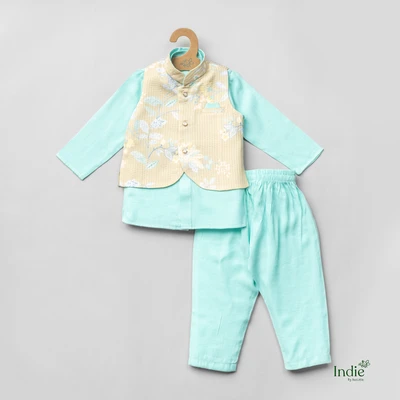 Teal kurta with Green floral printed Jacket and pant