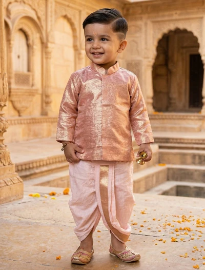 Peach Silk Metallic Tissue Kurta With Dhoti