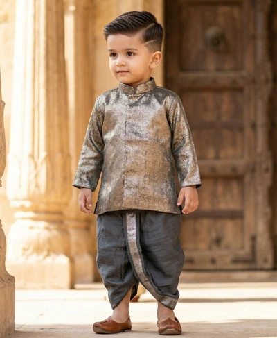 Black Silk Metallic Tissue Kurta With Dhoti