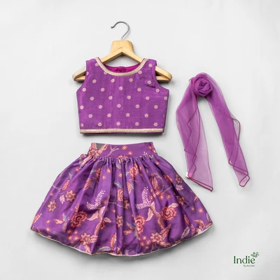 Golden Lace Printed Indigo Crop Top And Skirt With Dupatta