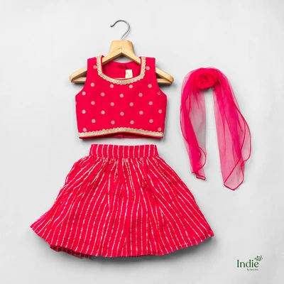 Golden Lace Printed Dark Pink Crop Top And Skirt With Dupatta