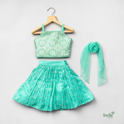 Silver Zari Embroidered Green Crop Top And Skirt With Dupatta