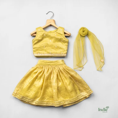 Golden Lace Printed Lime Green Crop Top And Skirt With Dupatta