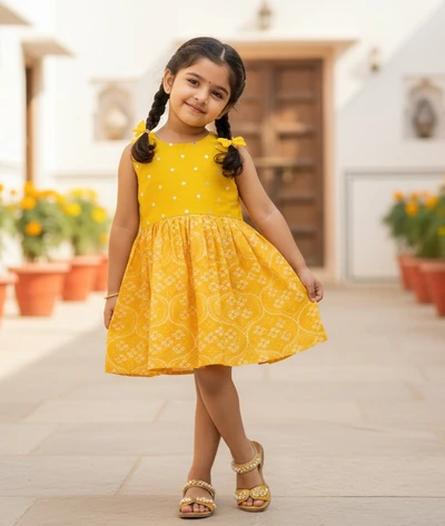 Mirror Embroidered Yellow Sleeveless Dress With Tie-Back