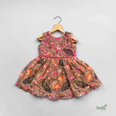 Brown Lotus Printed Bottom Ruffle Dress With Tie- Back