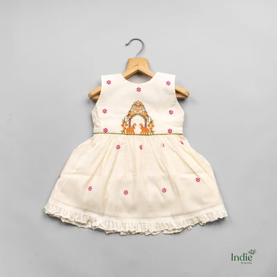 Offwhite Orange Elephant Embroidered Dress With Tie-Back