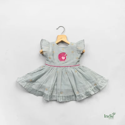 Pink Peacock  Embroidered Grey Dress With Tie-Back