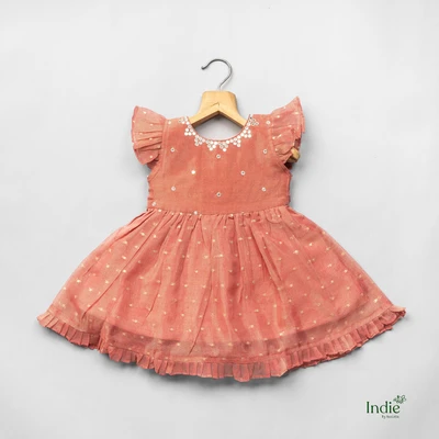 Peach Butta Embroidered Dress With Tie-Back
