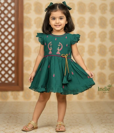 Green Cap Sleeve Embroidered Dress With Tie-Back