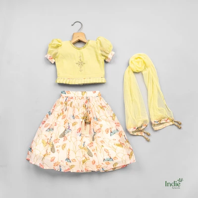 Olive Green Puff Sleeve Top And Pleated Lehenga With Dupatta