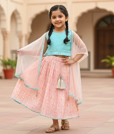 Butta Embroidered Teal Top And Pleated Lehenga  With Dupatta