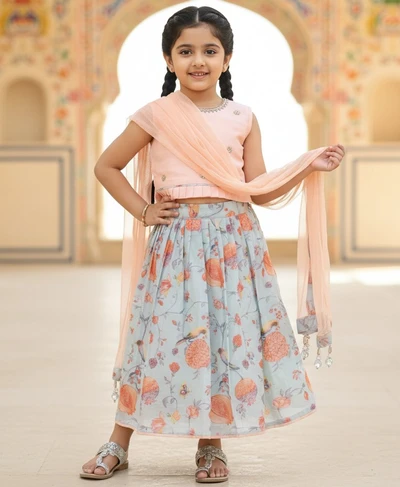Butta Embroidered Peach Top And Pleated Lehanga