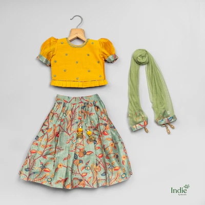 Butta Embroidered Yellow Puff Sleeve Top And Pleated Lehanga