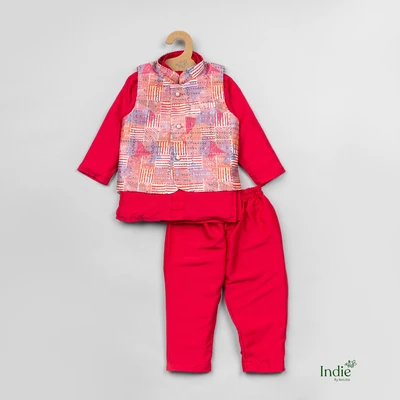 Red Kurta With Printed Jacket And Pant