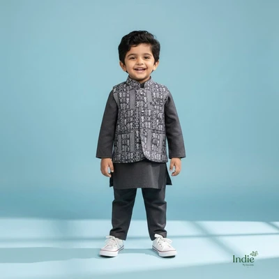 Black Kurta With White Printed Jacket And Pant