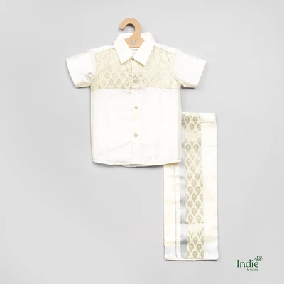 Banaras Patched Green Shirt And Dhoti