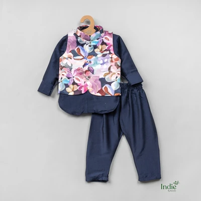 Navy blue Kurta With Multifloral Printed Jacket and Pant