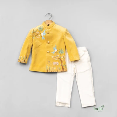 White Bird Embroidered Yellow Kurta With Beige Pant